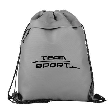 Custom Nova 600D RPET Drawstring Backpack - Grey Lifestyle View Custom Nova 600D RPET Drawstring Backpack - Grey Lifestyle View