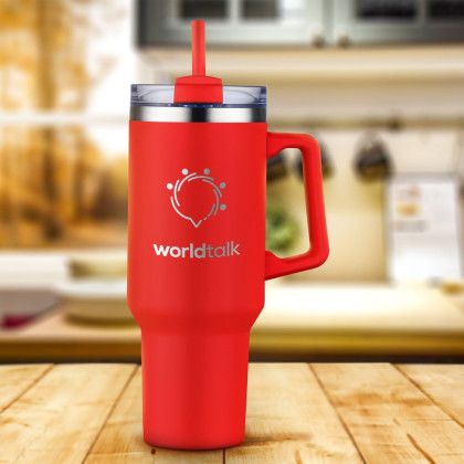 Custom 40 oz. Double Wall Tumbler with Handle and Straw - Red Lifestyle View 