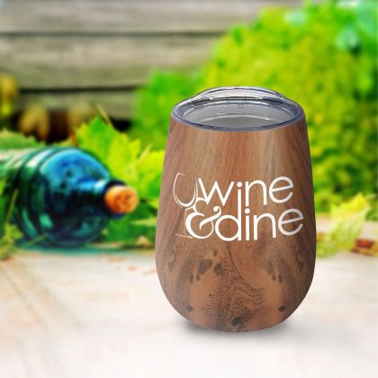 Custom 10 oz Stainless Steel Wood Tone Stemless Wine Glass with Logo Imprint - Lifestyle View Custom 10 oz Stainless Steel Wood Tone Stemless Wine Glass with Logo Imprint - Lifestyle View