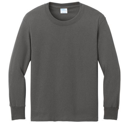 Custom Port & Company Youth Long Sleeve Core Cotton Tee - Charcoal
