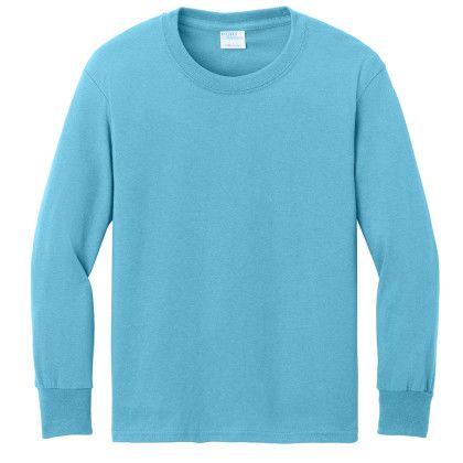 Custom Port & Company Youth Long Sleeve Core Cotton Tee - Aquatic Blue