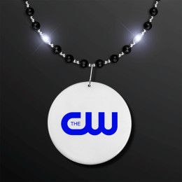 Custom Black Tie Light Beads - White LEDs, Black & Silver Beads with White Medallion Custom Black Tie Light Beads - White LEDs, Black & Silver Beads with White Medallion