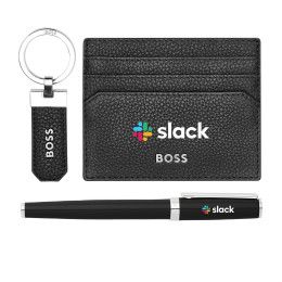 Custom Hugo Boss Rollerball Pen, Key Ring & Card Holder Set - Black Custom Hugo Boss Rollerball Pen, Key Ring & Card Holder Set - Black