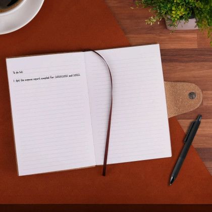 Custom EcoScribe Notebook - Brown In Use Custom EcoScribe Notebook - Brown In Use