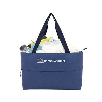 Custom Rio Extendable Polyester Zippered Tote - Navy blue - In use Custom Rio Extendable Polyester Zippered Tote - Navy blue - In use