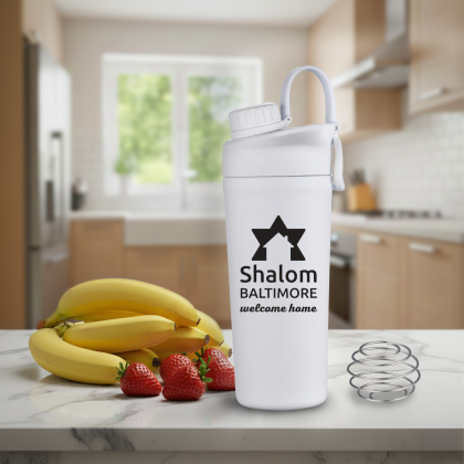 Custom 27 oz Shaker & Water Bottle with Stainless Steel Agitator - White Lifestyle View Custom 27 oz Shaker & Water Bottle with Stainless Steel Agitator - White Lifestyle View