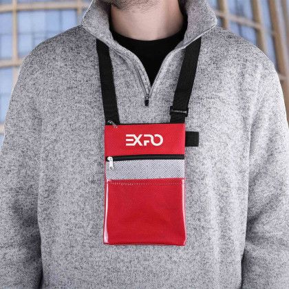 Custom RPET Tradeshow Badgeholder/Neck Wallet - Red Lifestyle View Custom RPET Tradeshow Badgeholder/Neck Wallet - Red Lifestyle View