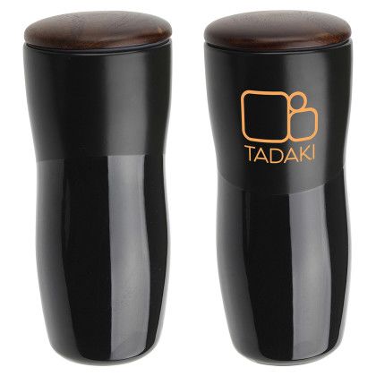Custom Adriano 12 oz Double-wall Ceramic Tumbler with Wood Lid - Black Custom Adriano 12 oz Double-wall Ceramic Tumbler with Wood Lid - Black