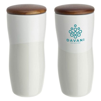 Custom Adriano 12 oz Double-wall Ceramic Tumbler with Wood Lid - White Custom Adriano 12 oz Double-wall Ceramic Tumbler with Wood Lid - White