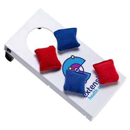 Custom Mini Tabletop Cornhole Game - In use Custom Mini Tabletop Cornhole Game - In use