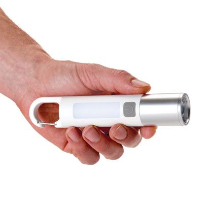 Custom Cedar Creek Summit Carabiner Clip Rechargeable Led Flashlight - White In use Custom Cedar Creek Summit Carabiner Clip Rechargeable Led Flashlight - White In use
