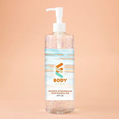 Custom Moisturizing Sanitizer With Beads: 16 oz, Pump - Sunshine and Sandalwood Custom Moisturizing Sanitizer With Beads: 16 oz, Pump - Sunshine and Sandalwood