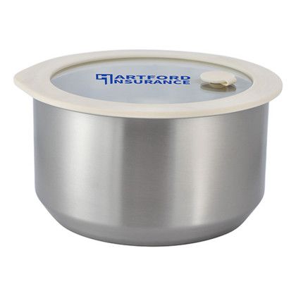 Custom Prima 38 oz Microwaveable Stainless Bowl With Vented Glass Lid - Front view Custom Prima 38 oz Microwaveable Stainless Bowl With Vented Glass Lid - Front view