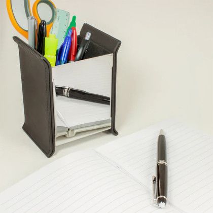 Custom Executive Pu Leather Pen Holder - Black/silver In use Custom Executive Pu Leather Pen Holder - Black/silver In use