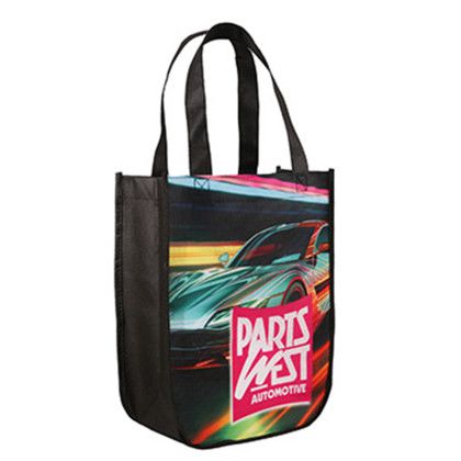 Custom Yuma Sublimated Non-Woven Curve Bottom Tote - Black Right view Custom Yuma Sublimated Non-Woven Curve Bottom Tote - Black Right view