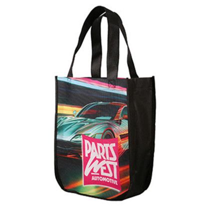 Custom Yuma Sublimated Non-Woven Curve Bottom Tote - Black Side View Custom Yuma Sublimated Non-Woven Curve Bottom Tote - Black Side View