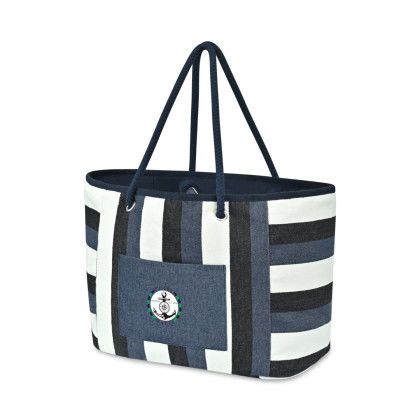 Custom Bayside Stripe Recycled Cotton Boat Bag - AWARE - Angle View Custom Bayside Stripe Recycled Cotton Boat Bag - AWARE - Angle View