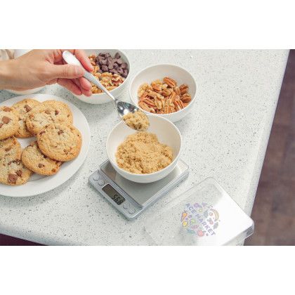 Custom Easy Measure Digital Kitchen Scale with Food Tray - Silver In Use Custom Easy Measure Digital Kitchen Scale with Food Tray - Silver In Use