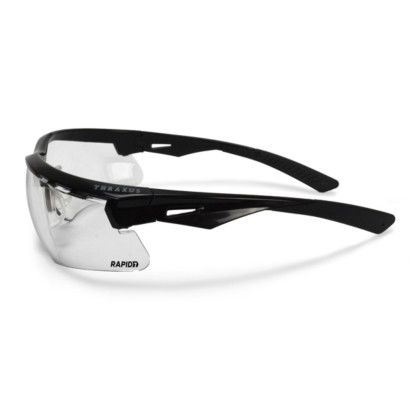 Custom Thraxus Safety Eyewear - Black Frame Clear Anti-Fog Lens - Side view Custom Thraxus Safety Eyewear - Black Frame Clear Anti-Fog Lens - Side view