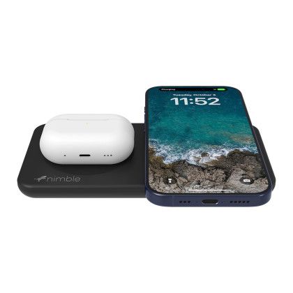 Custom Nimble Podium 2-in-1 Wireless Charging Stand - Black In Use Custom Nimble Podium 2-in-1 Wireless Charging Stand - Black In Use