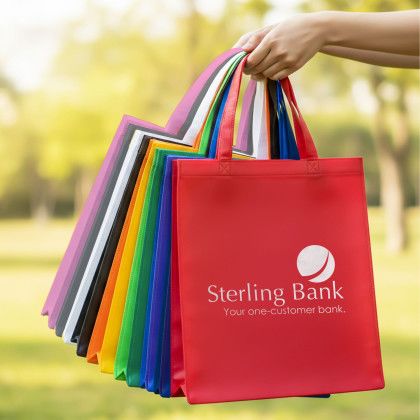 Custom Eco Savings Non-Woven Tote - Lifestyle View Custom Eco Savings Non-Woven Tote - Lifestyle View