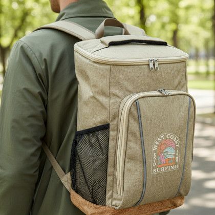 Custom Sustainable Cork & RPET Backpack Cooler - Natural with Cork Lifestyle View Custom Sustainable Cork & RPET Backpack Cooler - Natural with Cork Lifestyle View