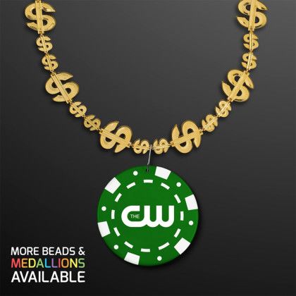 Custom Gold Money Beads with Green Poker Chip Medallion (NO-Light)