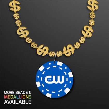 Custom Gold Money Beads with Blue Poker Chip Medallion (NO-Light)