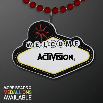 Custom Imprintable Vegas Sign Medallion with Crimson Beaded Necklace Custom Imprintable Vegas Sign Medallion with Crimson Beaded Necklace