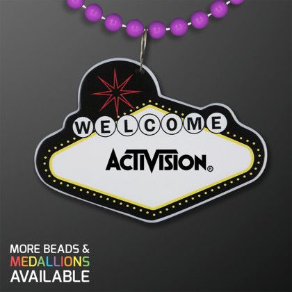 Custom Imprintable Vegas Sign Medallion with Purple Beaded Necklace