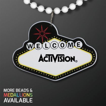 Custom Imprintable Vegas Sign Medallion with White Beaded Necklace Custom Imprintable Vegas Sign Medallion with White Beaded Necklace
