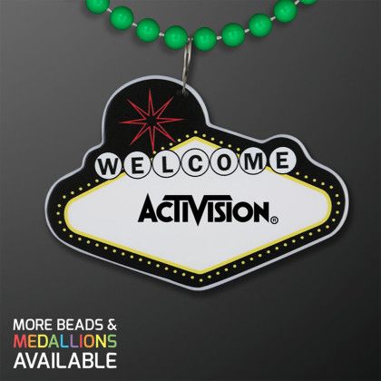 Custom Imprintable Vegas Sign Medallion with Green Beaded Necklace Custom Imprintable Vegas Sign Medallion with Green Beaded Necklace