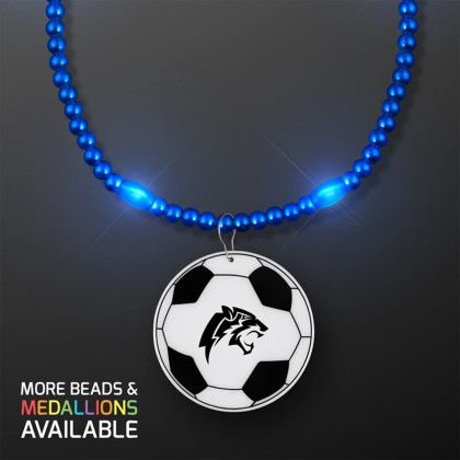 Custom Blue LED Bead Necklace with Soccer Ball Medallion - Blue