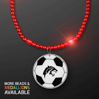 Custom Red LED Bead Necklace with Soccer Ball Medallion - Red Custom Red LED Bead Necklace with Soccer Ball Medallion - Red