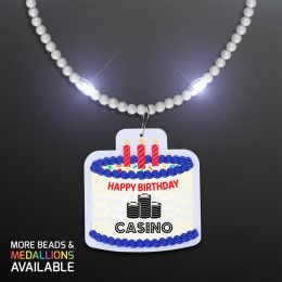 Custom Steady LED White Beads with Cake Medallion, No-Flash Necklace Custom Steady LED White Beads with Cake Medallion, No-Flash Necklace