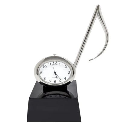 Custom Music Note Metal Clock - Silver with White with black Front view Custom Music Note Metal Clock - Silver with White with black Front view