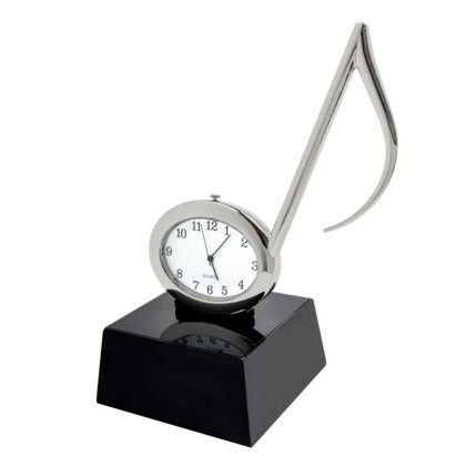 Custom Music Note Metal Clock - Silver with White with black Angle view Custom Music Note Metal Clock - Silver with White with black Angle view