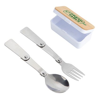 Custom On-The-Go Collapsible Cutlery Set - White/bamboo Open View Custom On-The-Go Collapsible Cutlery Set - White/bamboo Open View