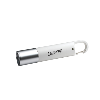 Custom Cedar Creek Summit Carabiner Clip Rechargeable Led Flashlight - White Side View Custom Cedar Creek Summit Carabiner Clip Rechargeable Led Flashlight - White Side View