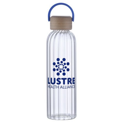 Custom Eos 21 oz Glass Bottle with Bamboo Lid - Blue 