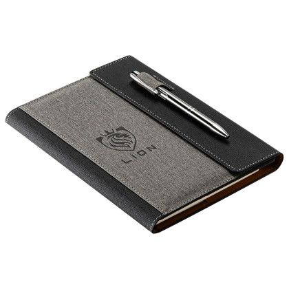 Custom Folio Refillable Hardcover Journal with Card Pockets and Magnetic Closure - Gray Angle View Custom Folio Refillable Hardcover Journal with Card Pockets and Magnetic Closure - Gray Angle View