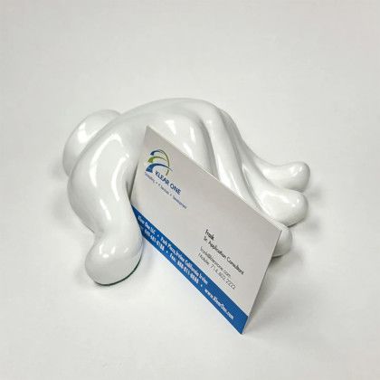 Custom Hands Down Ceramic Card Holder - White in use