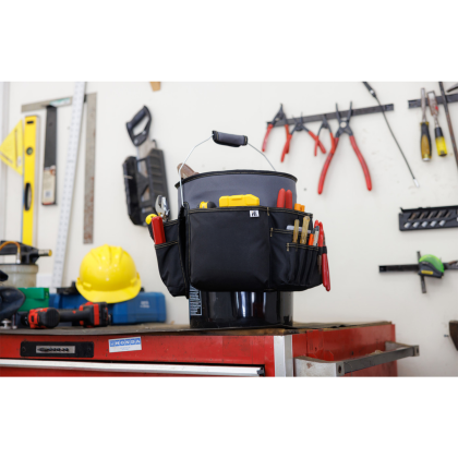 Custom Heritage Supply Pro Recycled rPET 18-inch 5-Gallon Bucket Tool Organizer - Lifestyle View Custom Heritage Supply Pro Recycled rPET 18-inch 5-Gallon Bucket Tool Organizer - Lifestyle View