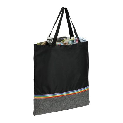 Custom Rainbow RPET Convention Tote - In Use View Custom Rainbow RPET Convention Tote - In Use View