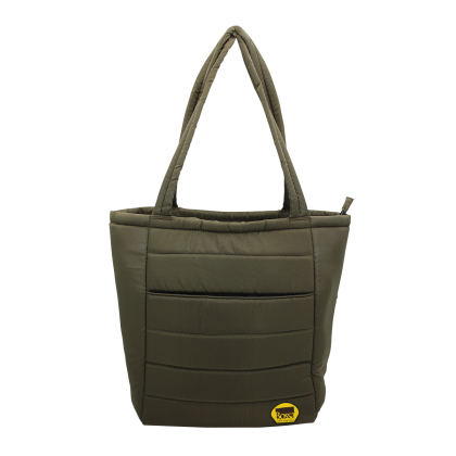 Custom Otaria Puffy Recycled Tote Bag With Engraved Leather Patch - Olive green Custom Otaria Puffy Recycled Tote Bag With Engraved Leather Patch - Olive green