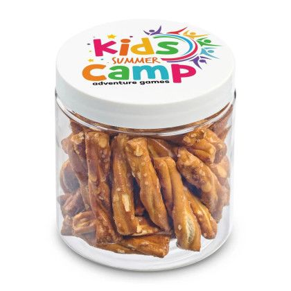 Custom 8 oz Jar of Mini Pretzel Sticks Custom 8 oz Jar of Mini Pretzel Sticks