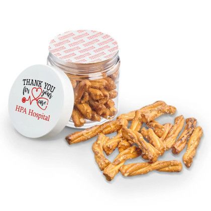 Custom 4 oz Jar of Mini Pretzel Sticks - Open view