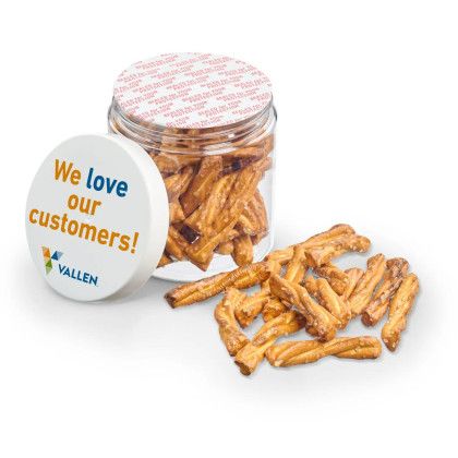 Custom 8 oz Jar of Mini Pretzel Sticks - Open view Custom 8 oz Jar of Mini Pretzel Sticks - Open view