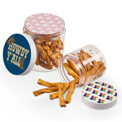 Custom 8 oz Jar of Mini Pretzel Sticks - In use Custom 8 oz Jar of Mini Pretzel Sticks - In use