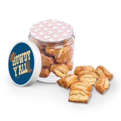Custom 8 oz Jar of Pretzel Stumps - Open view Custom 8 oz Jar of Pretzel Stumps - Open view